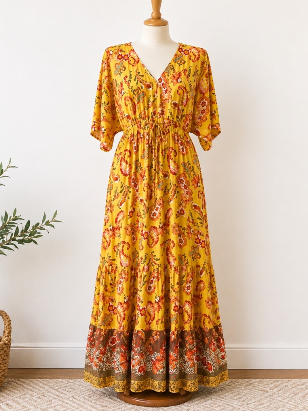 Cato Yellow Floral Paisley Rayon Maxi Dress Boho Drawstring Waist Medium